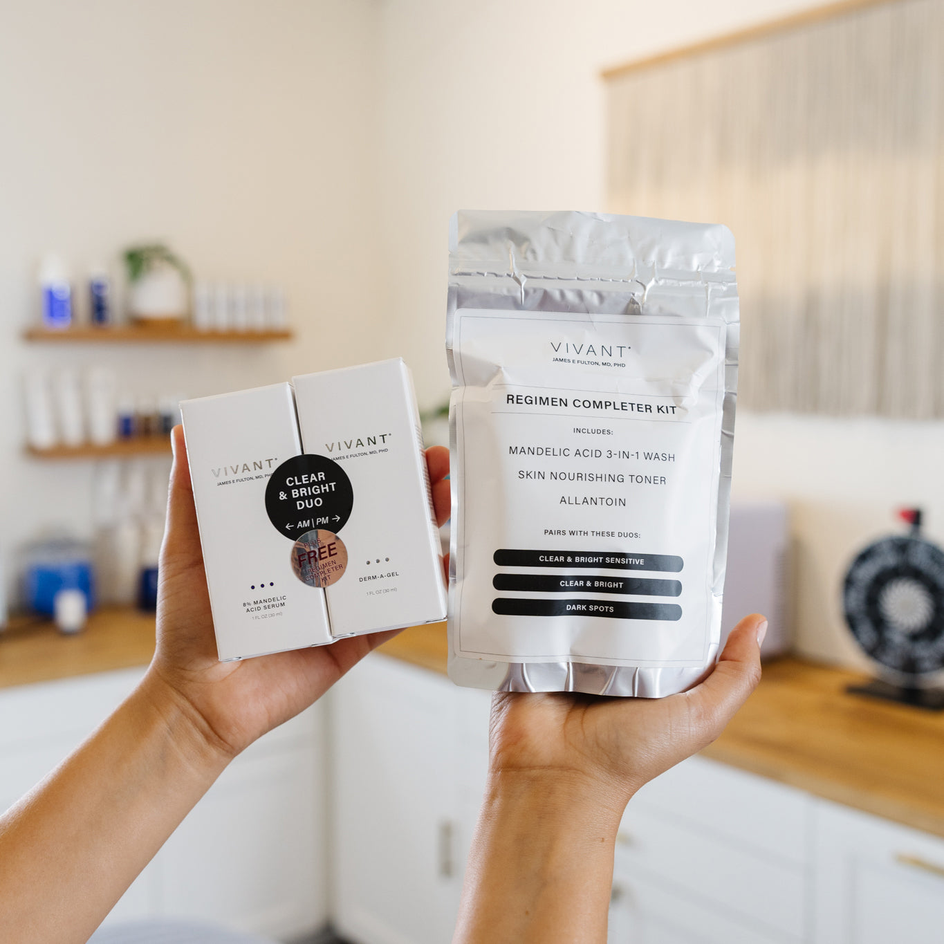 Person holding Vivant Clear and Bright Duo kit in an estheticians office