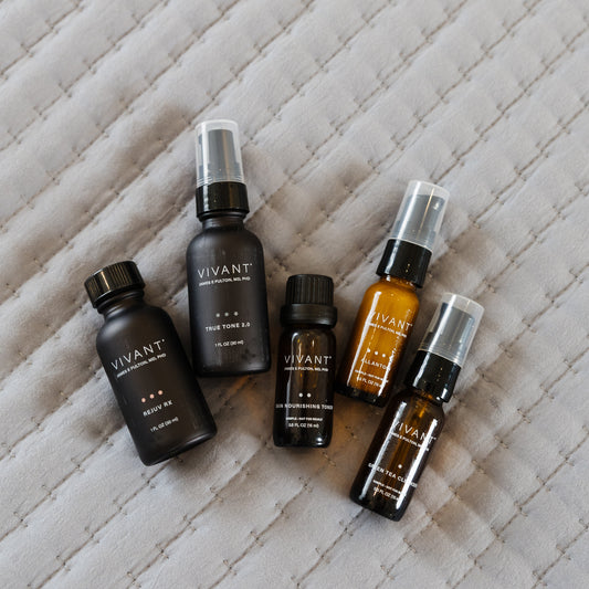 Collection of Vivant Redness & Texture duo products on a textured surface