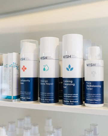 Row of Wish skincare products on a shelf